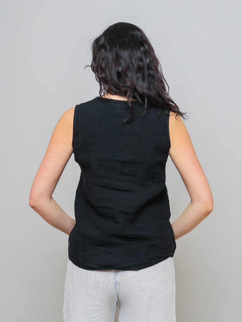 Sleeveless Button Down Linen Top - Black