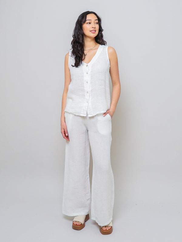 Sleeveless Button Down Linen Top - White