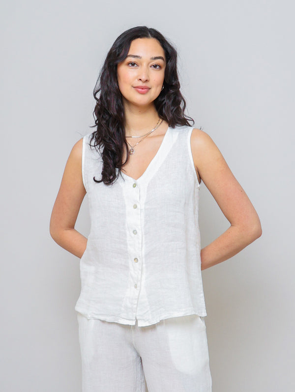 Sleeveless Button Down Linen Top - White