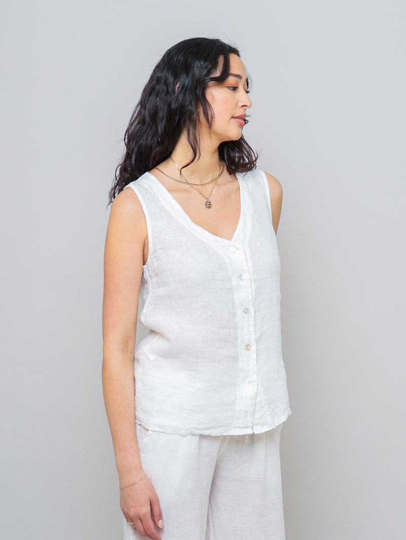 Sleeveless Button Down Linen Top - White
