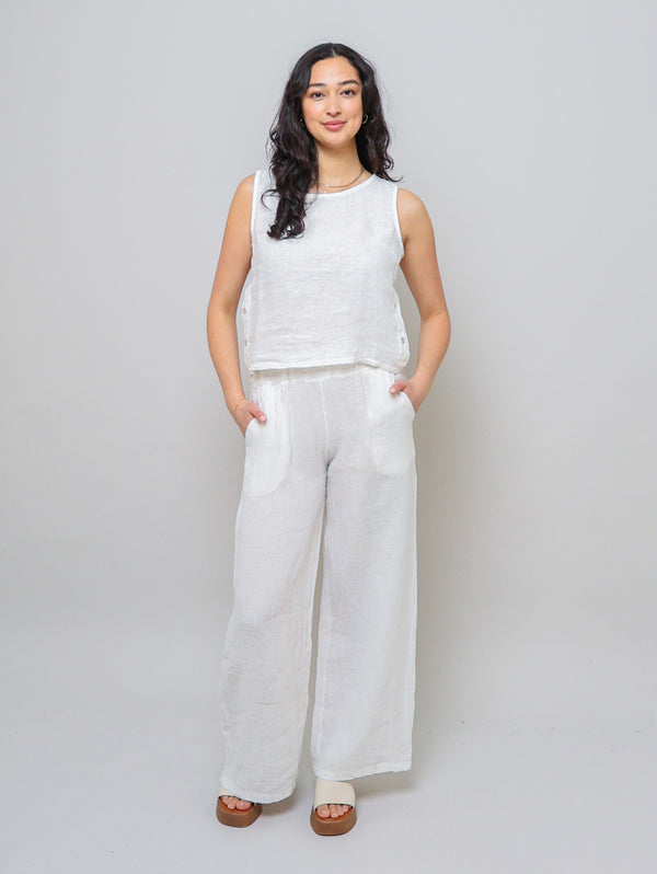 Sleeveless Linen Side Button Top - White