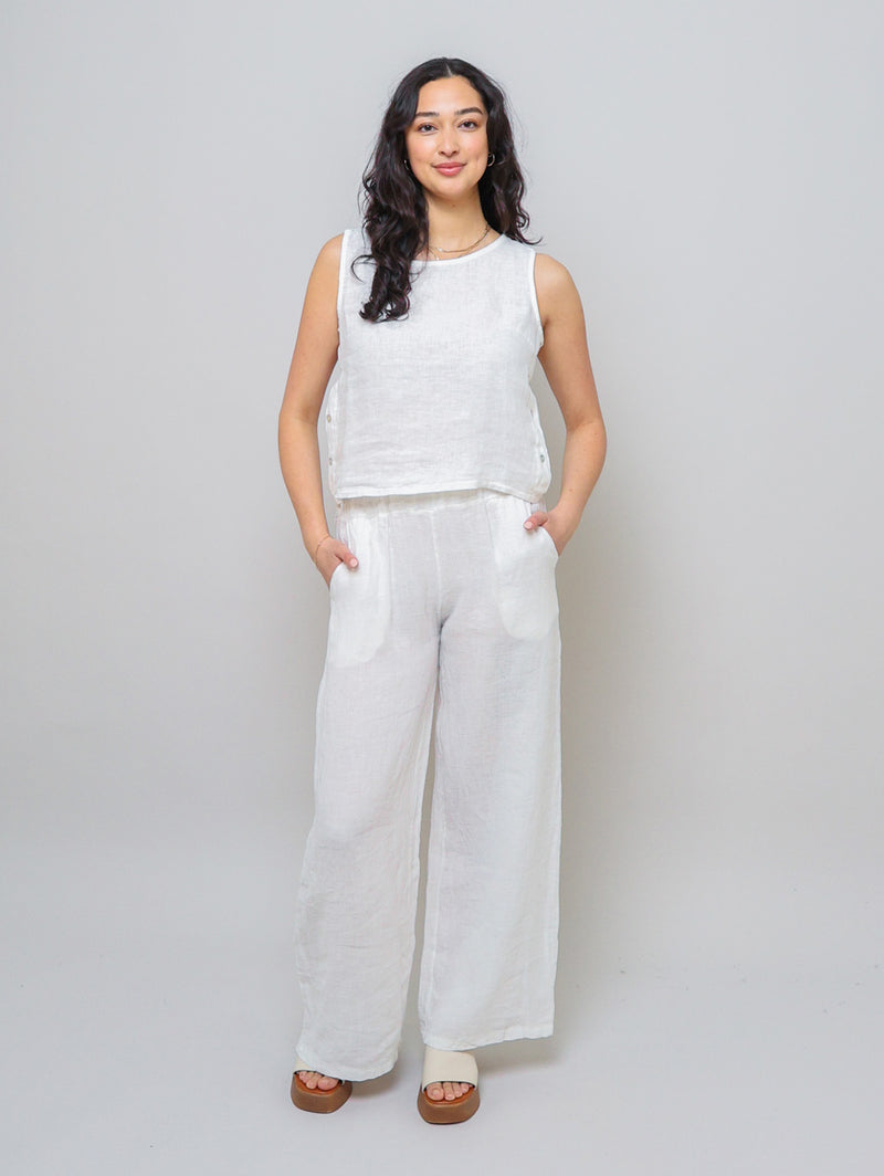 Sleeveless Linen Side Button Top - White