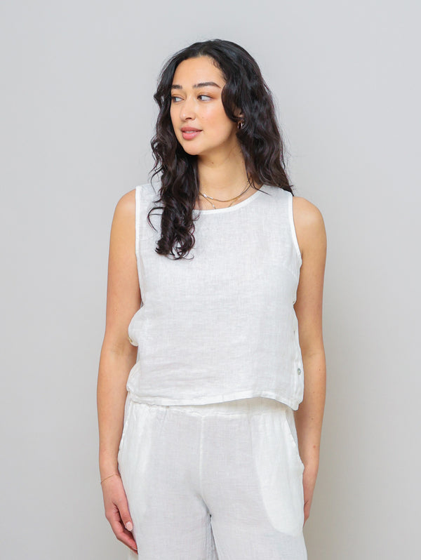 Sleeveless Linen Side Button Top - White