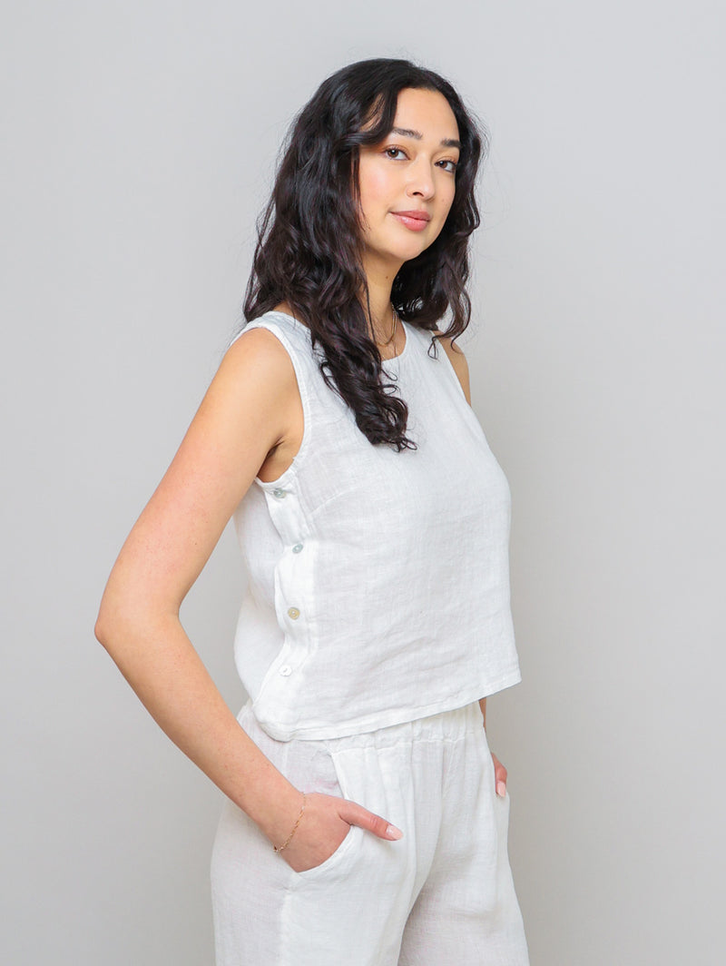 Sleeveless Linen Side Button Top - White