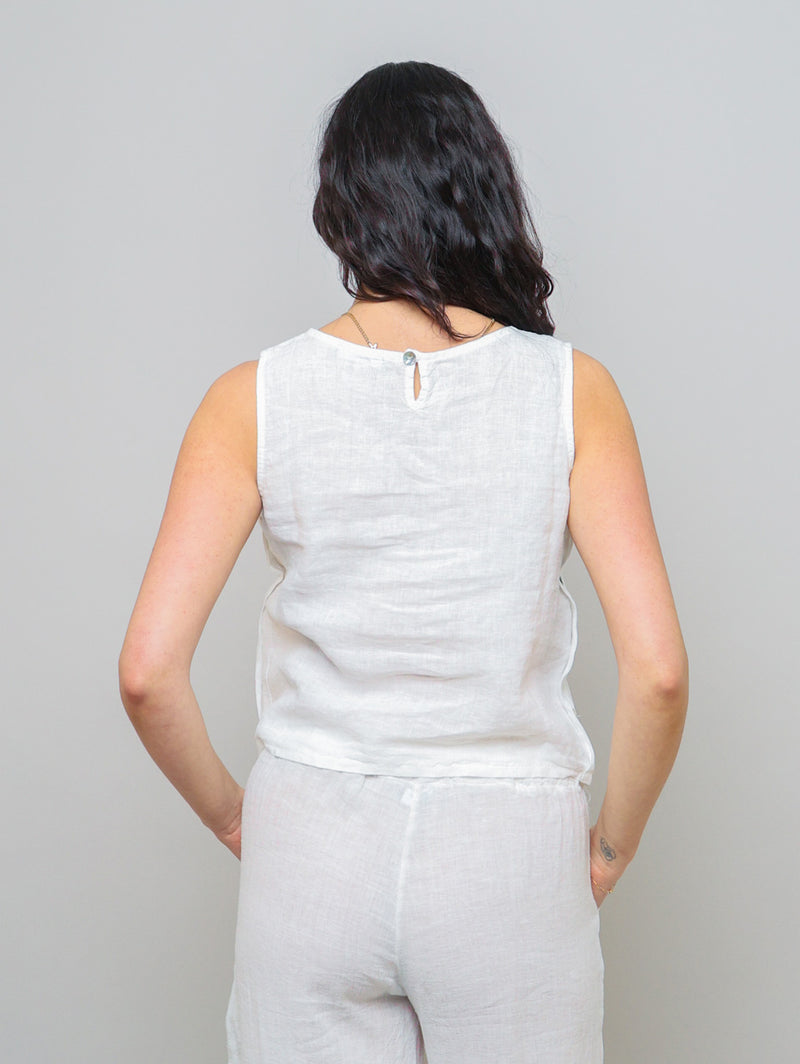 Sleeveless Linen Side Button Top - White
