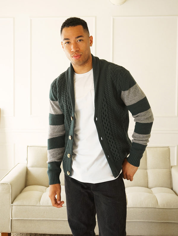 Nicholson Shawl Cardigan - Forest Green Stripes-Benson-Over the Rainbow