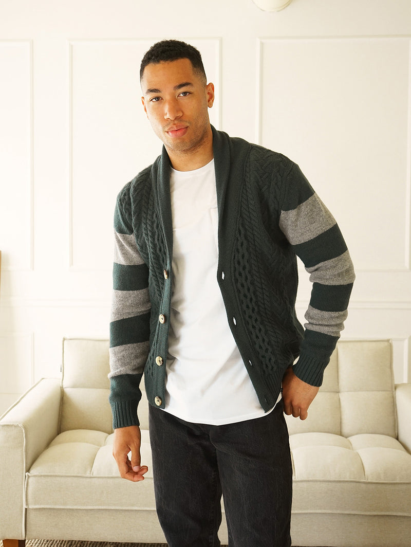 Nicholson Shawl Cardigan - Forest Green Stripes-Benson-Over the Rainbow