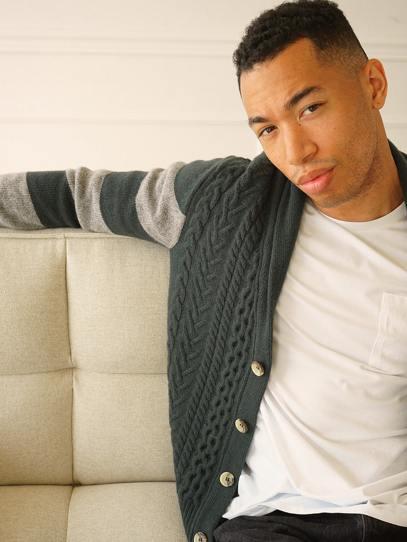 Nicholson Shawl Cardigan - Forest Green Stripes-Benson-Over the Rainbow