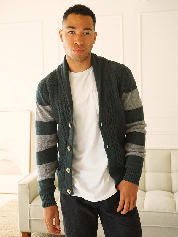 Nicholson Shawl Cardigan - Forest Green Stripes-Benson-Over the Rainbow