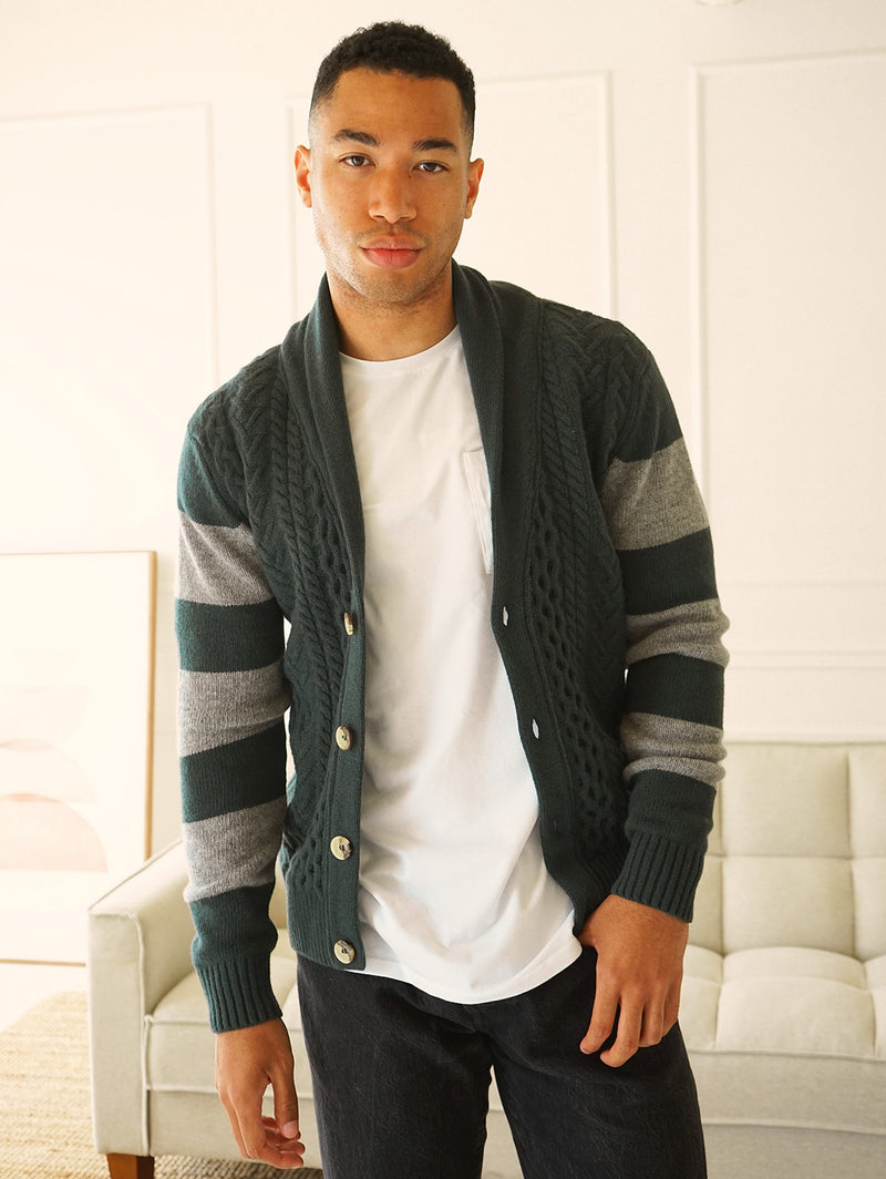 Nicholson Shawl Cardigan - Forest Green Stripes-Benson-Over the Rainbow