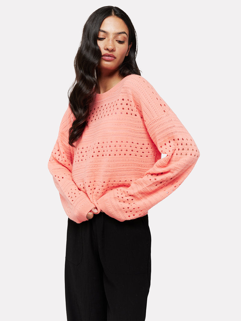 Clare Open Pointelle Sweater - Neon Coral-BRODIE-Over the Rainbow