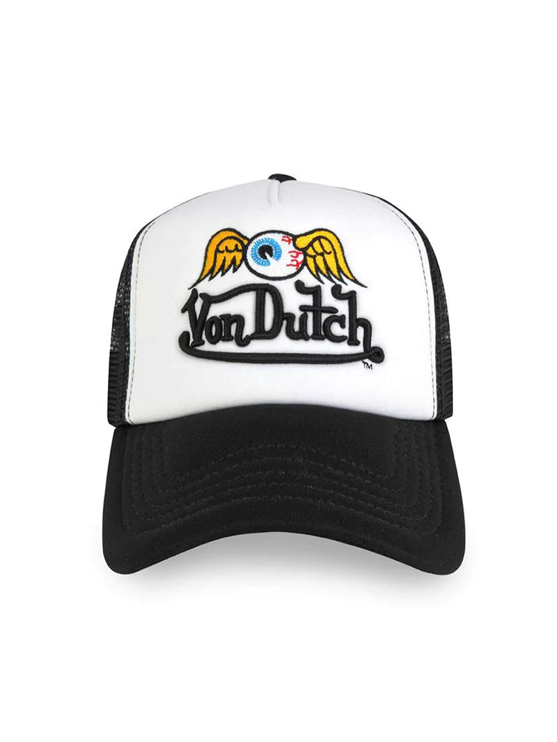 Flying Eyeball Wordmark Trucker Hat - Black White-VON DUTCH-Over the Rainbow