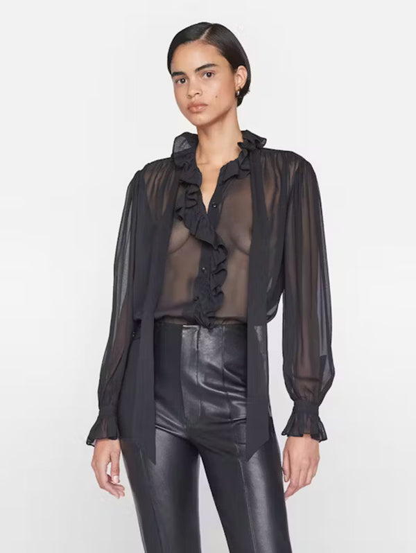 Ruffle Front Button Up Shirt - Noir-FRAME-Over the Rainbow