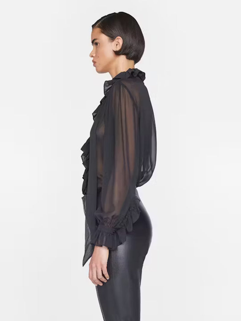 Ruffle Front Button Up Shirt - Noir-FRAME-Over the Rainbow