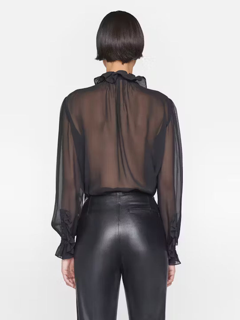 Ruffle Front Button Up Shirt - Noir-FRAME-Over the Rainbow