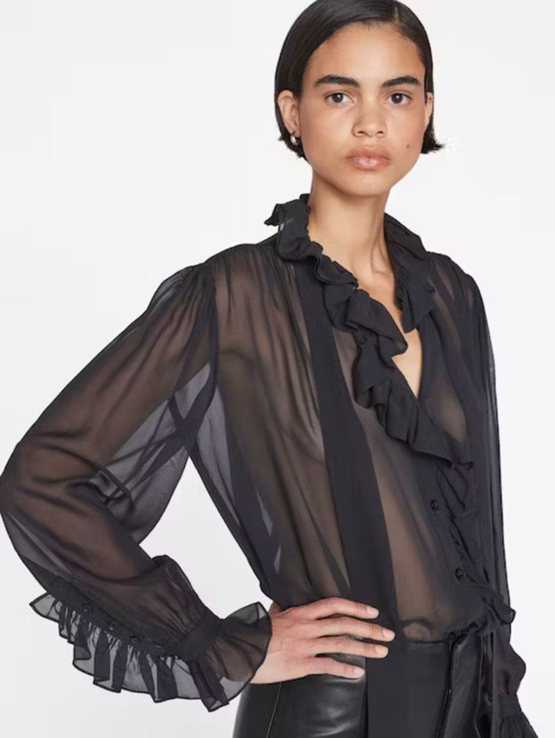 Ruffle Front Button Up Shirt - Noir-FRAME-Over the Rainbow