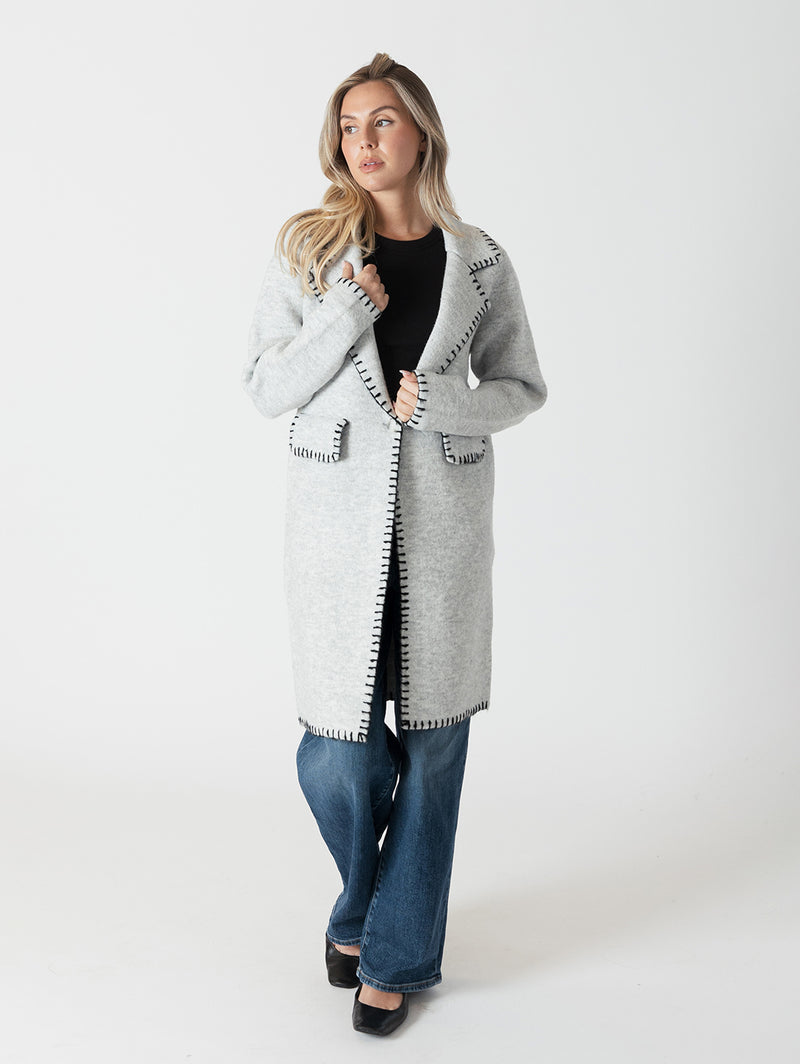 LYLA LUXE Fiona Whip Stitch Tailored Knit Coat Light Grey Over The Rainbow Canada Over the Rainbow