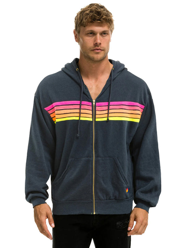 5 Stripe Zip Hoodie - Charcoal/Neon