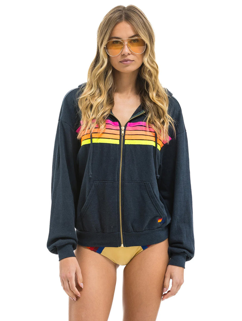 5 Stripe Zip Hoodie - Charcoal/Neon