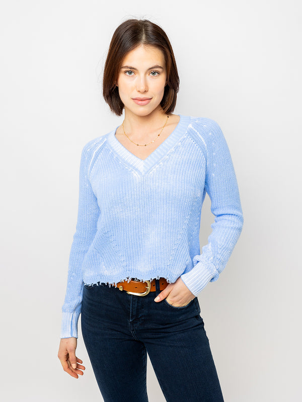 Distressed Shaker V Neck Sweater - Glacier-AUTUMN CASHMERE-Over the Rainbow