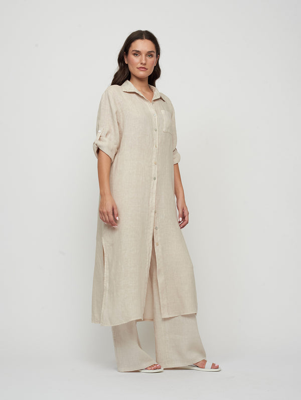 Pistache Linen Shift Dress with High Low Hem- Pebble