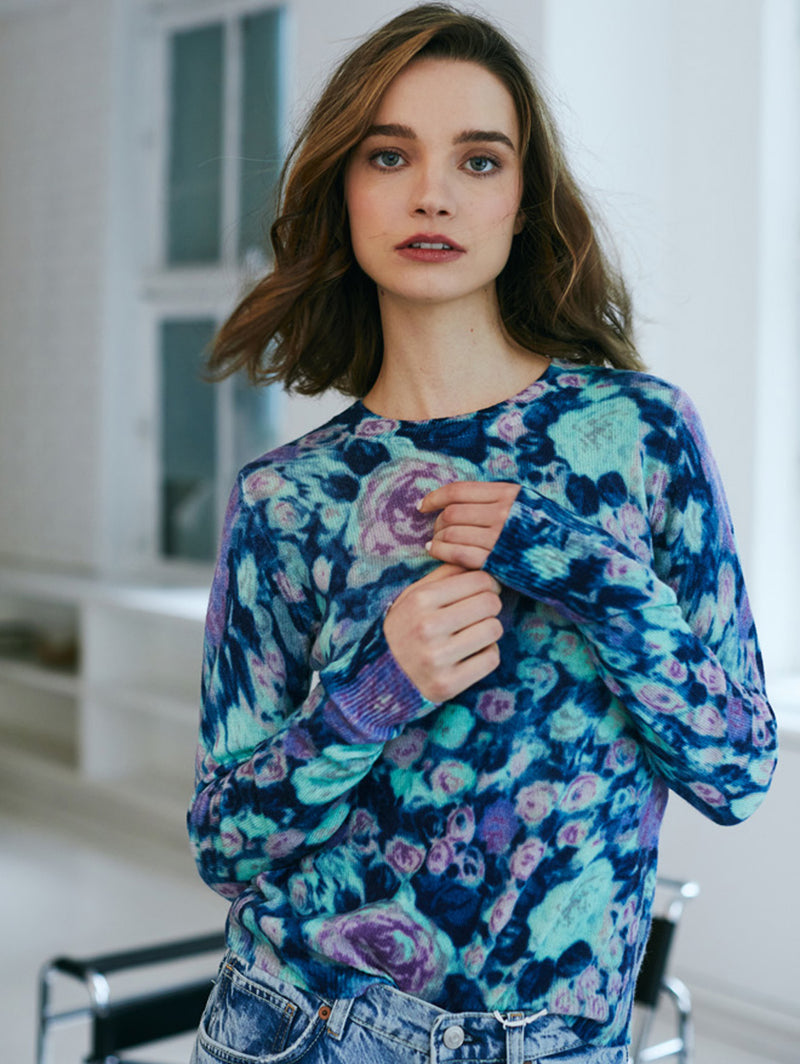 Floral Crew Sweater - Blue-AUTUMN CASHMERE-Over the Rainbow