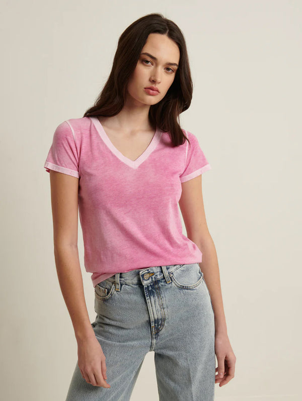 Reverse Spray Pima V Neck Tee - Fuschia