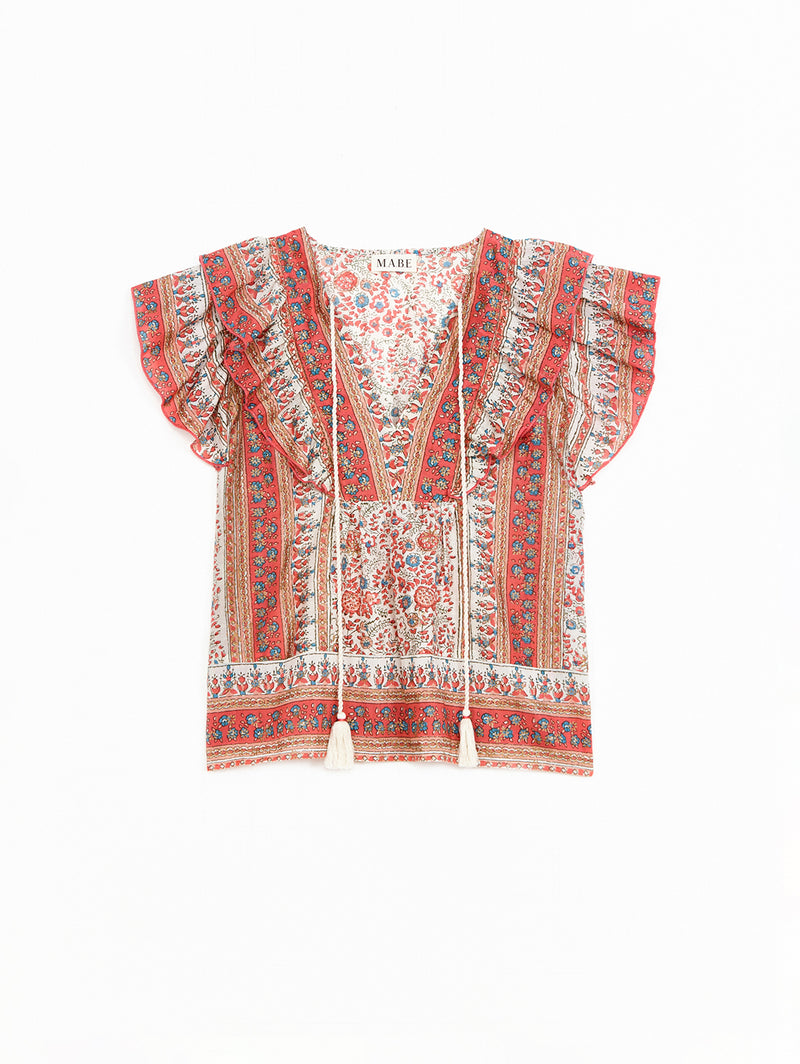 Cass Print Frill Top - Coral