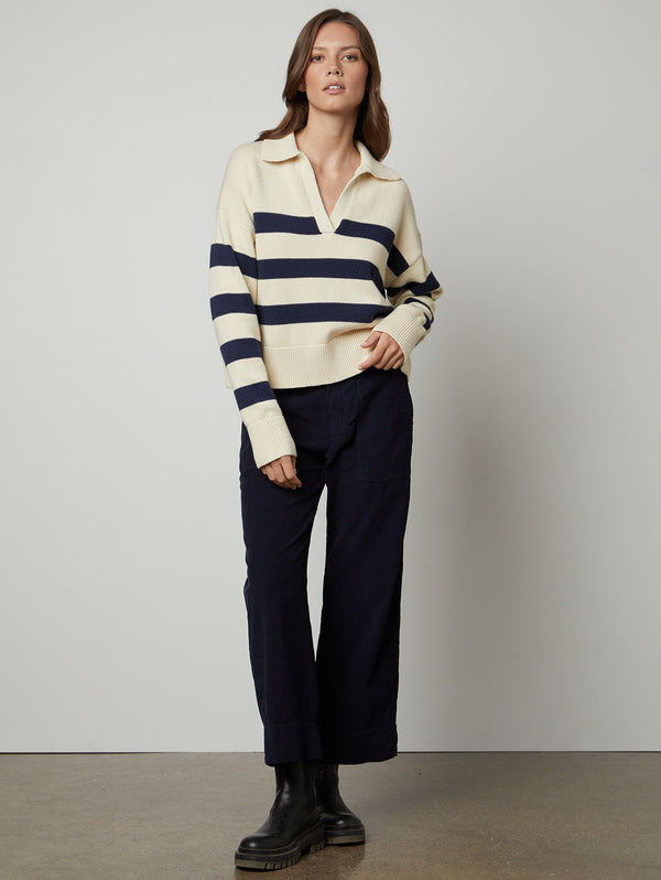 Lucie Stripe Polo Sweater - Cream/Navy-Velvet-Over the Rainbow