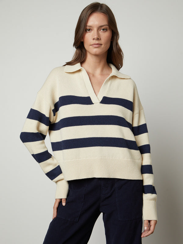 Lucie Stripe Polo Sweater - Cream/Navy-Velvet-Over the Rainbow