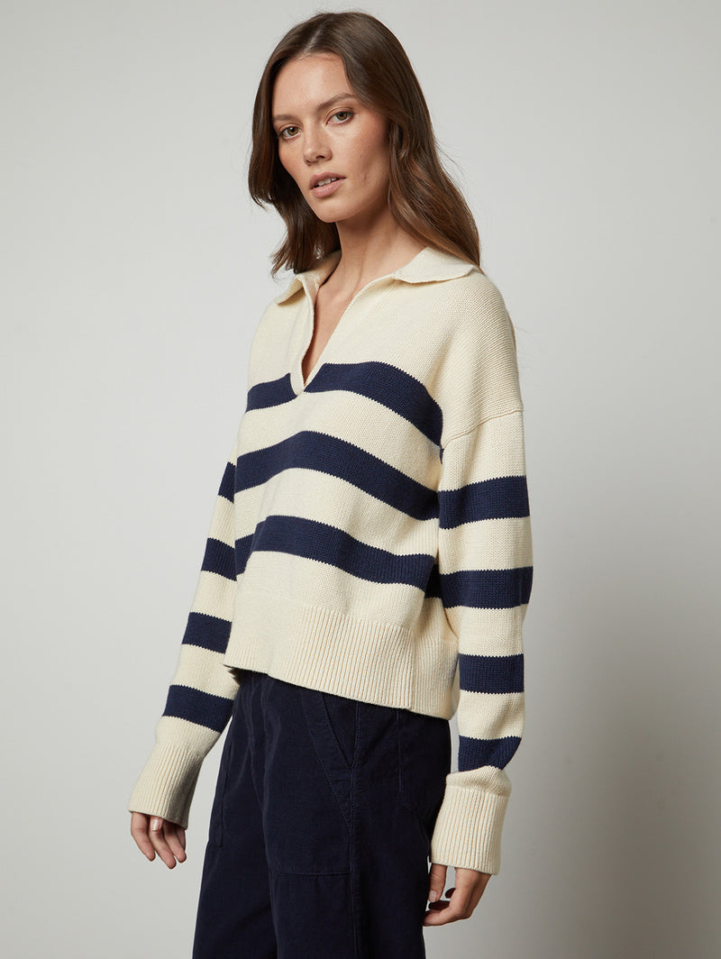 Lucie Stripe Polo Sweater - Cream/Navy-Velvet-Over the Rainbow