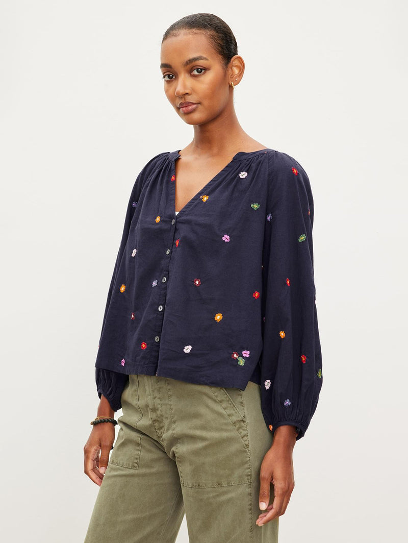 Aretha Embroidered Top - Navy-Velvet-Over the Rainbow