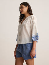 Blake Embroidered Shirt - Cream/Cobalt-Velvet-Over the Rainbow