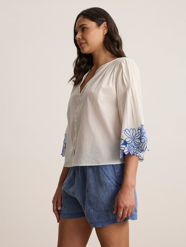 Blake Embroidered Shirt - Cream/Cobalt-Velvet-Over the Rainbow