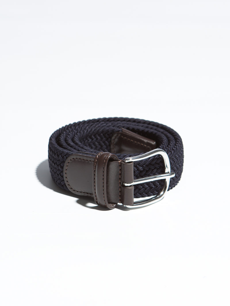 Anderson's Leather-Trimmed Woven Elastic Belt - Navy, Gray